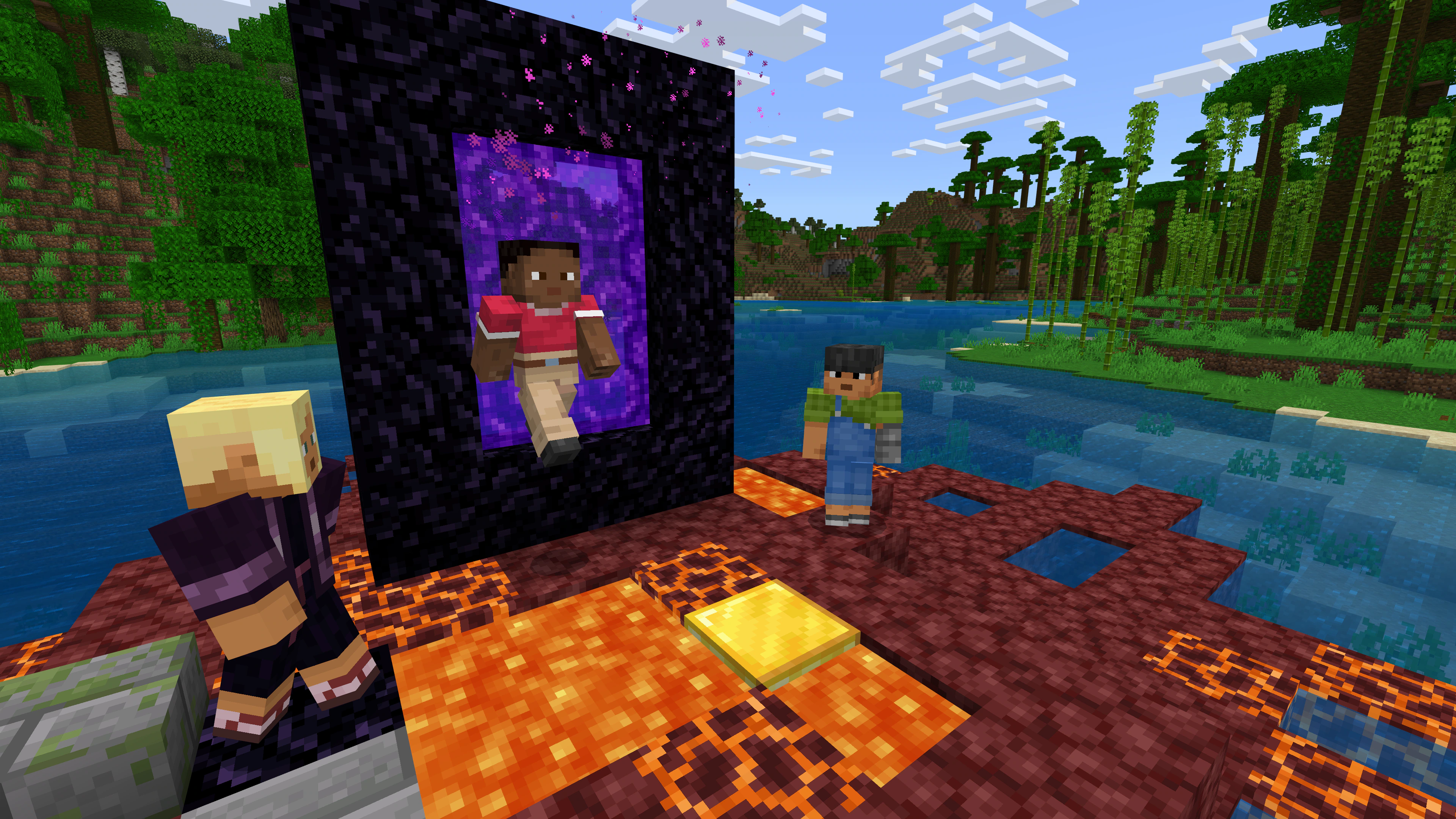 Minecraft characters stepping through a Nether portal together for cross-platform play
